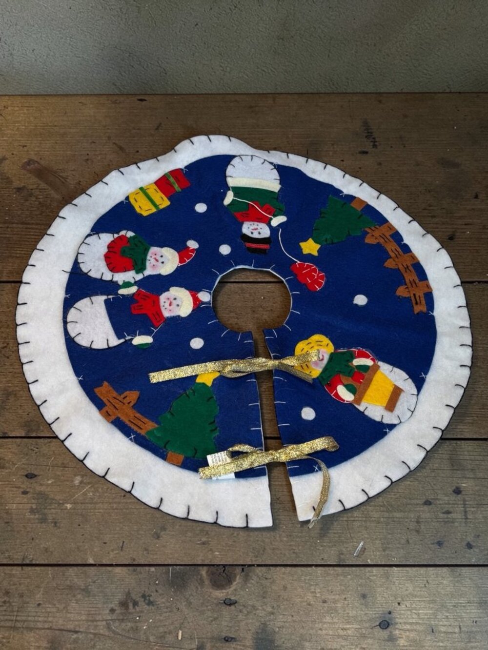 Miniature Felt Christmas Tree Skirt With Snowman & Santa Design Blue & White 14"